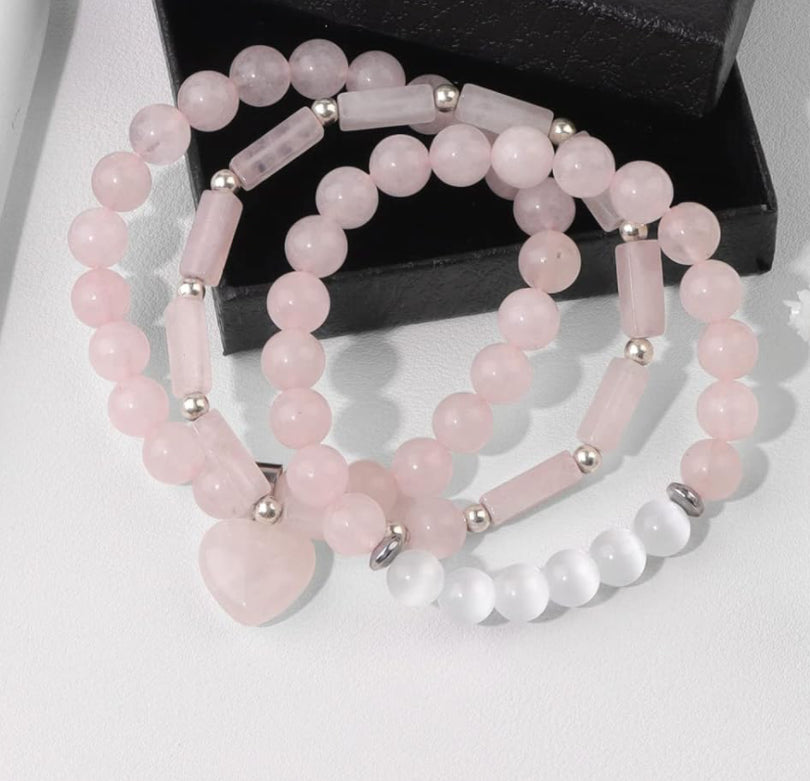 3 Piece Rose Quartz Healing Bracelet w/Moonstone