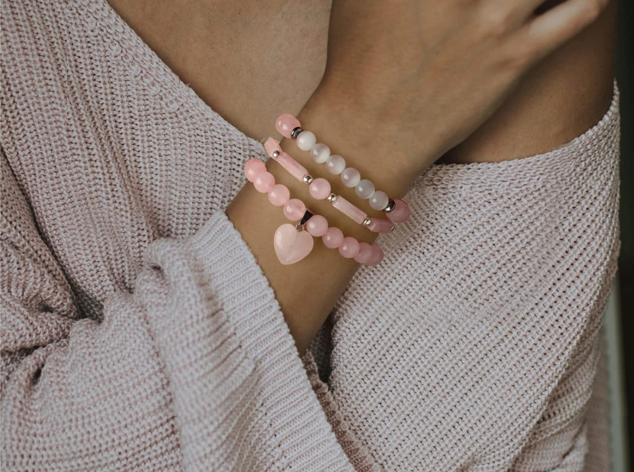 3 Piece Rose Quartz Healing Bracelet w/Moonstone